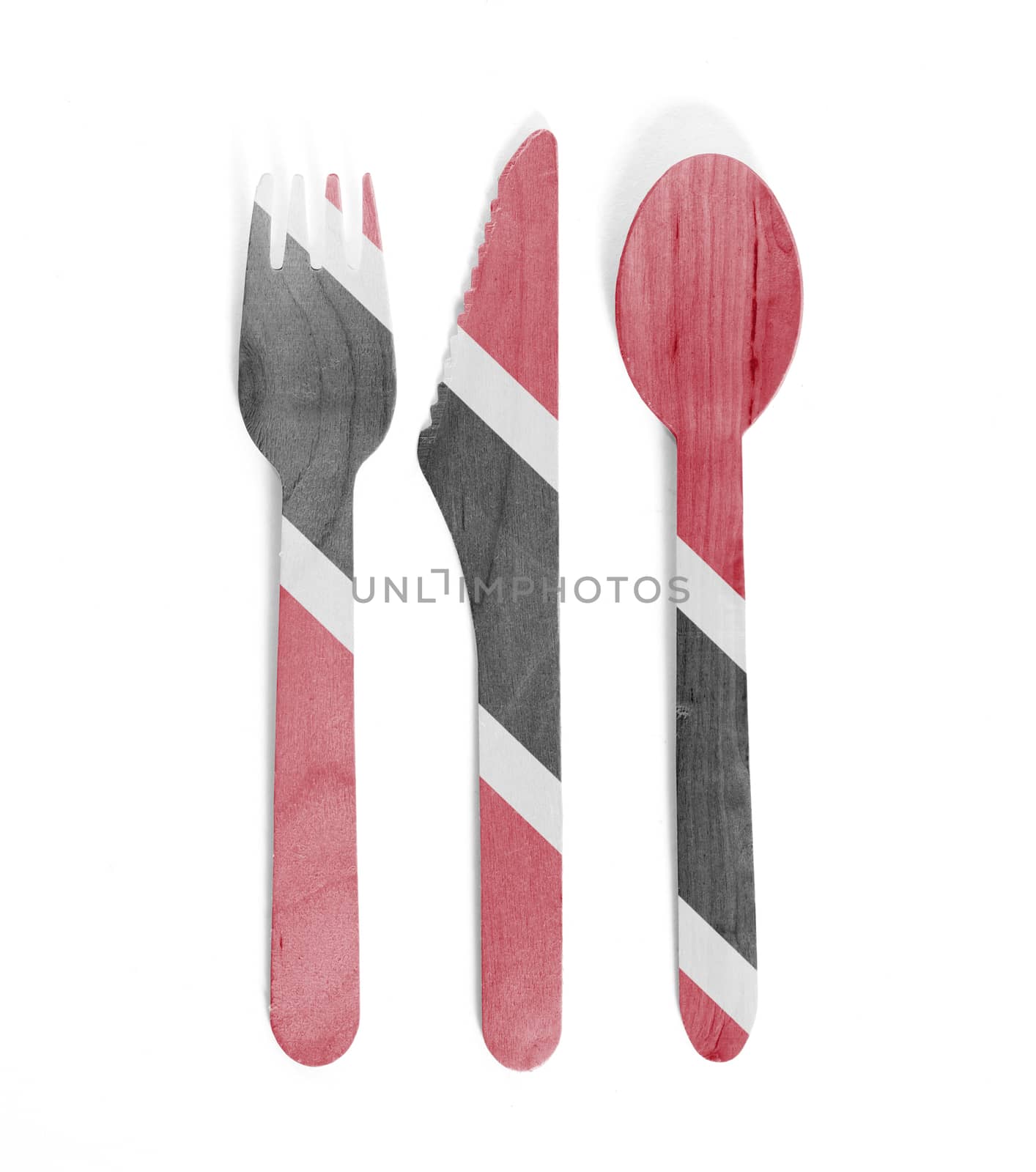 Eco friendly wooden cutlery - Plastic free concept - Isolated - Flag of Trinidad and Tobago