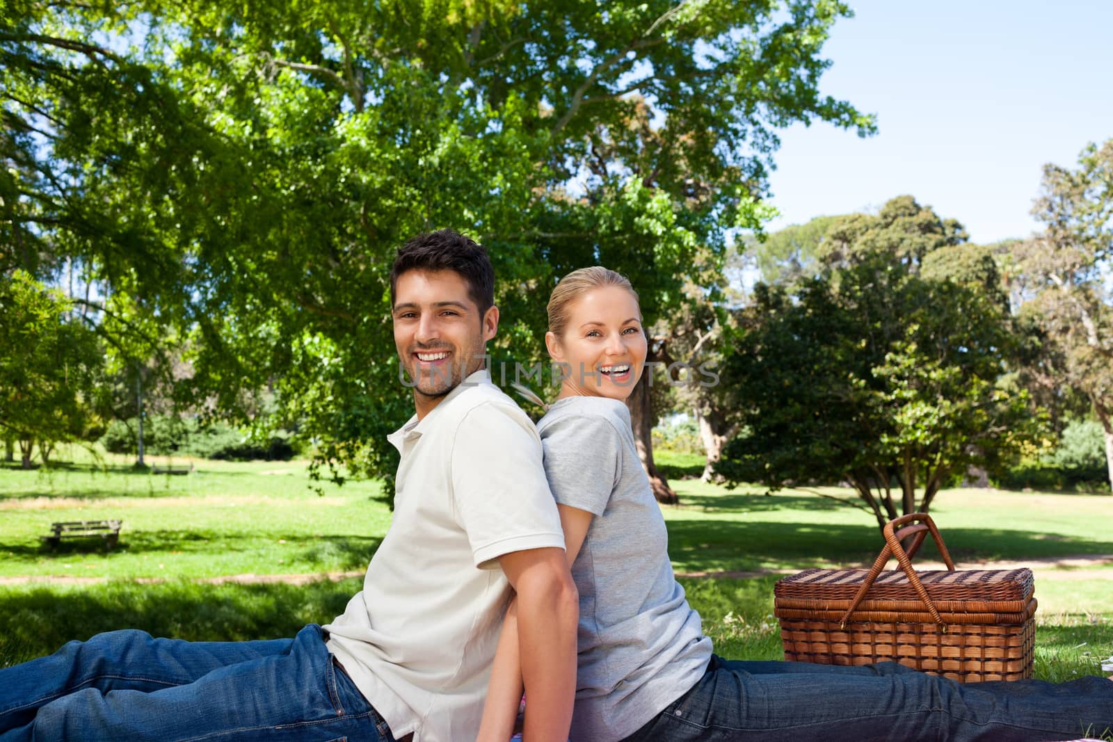 Lovers picnicking in the park during the summer