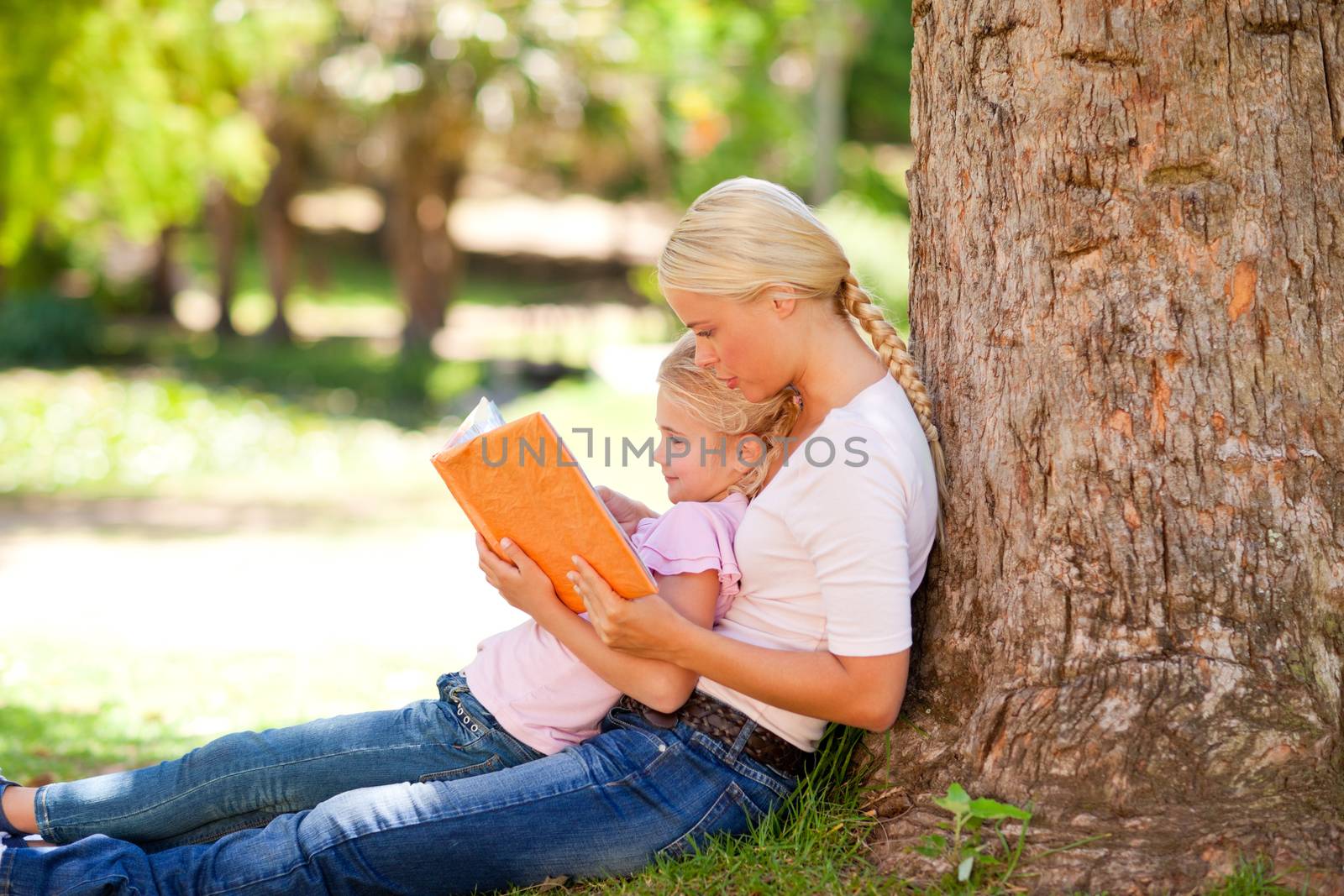 Daughter and her mother looking at their album photo during the summer 