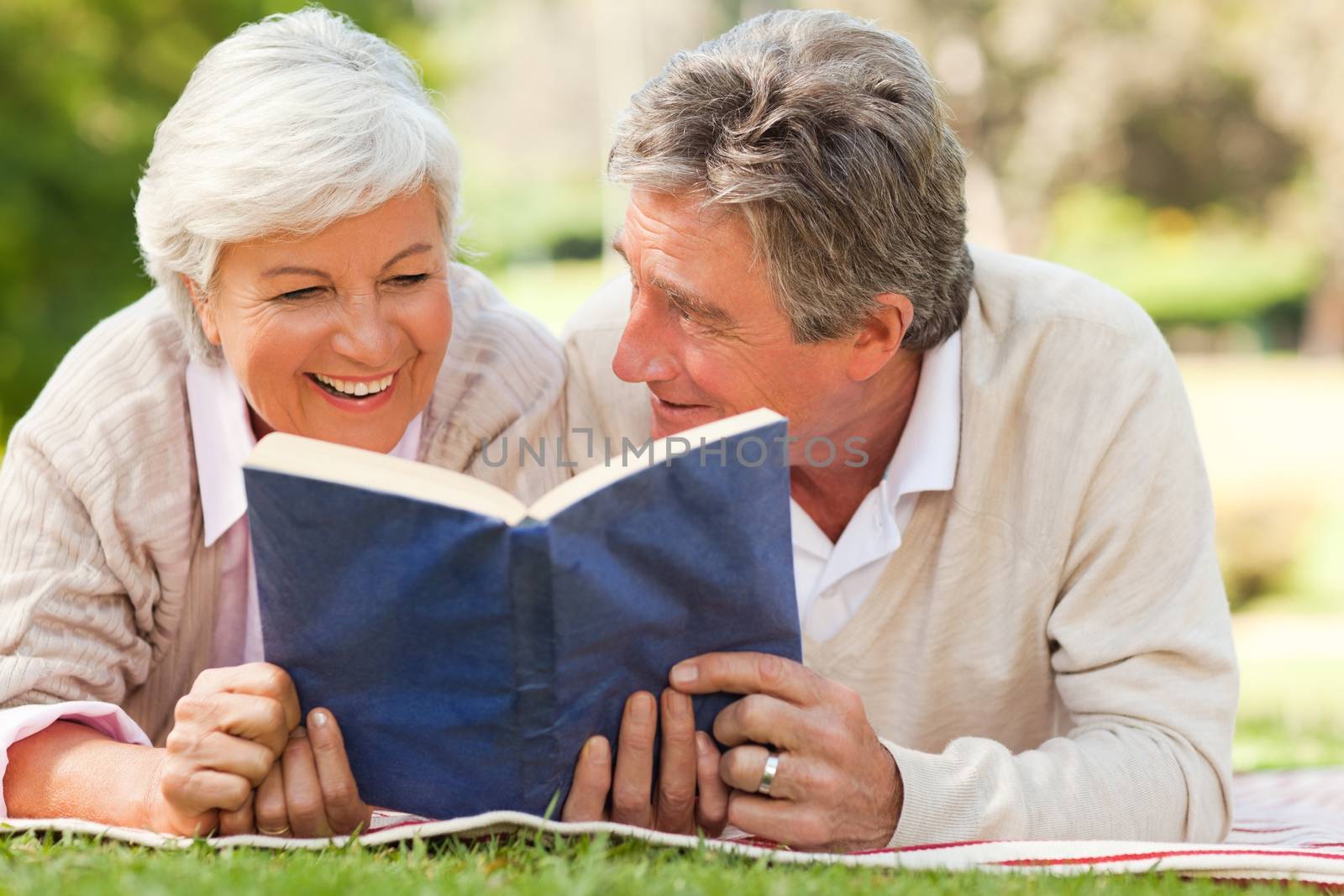 Couple reading a book in the park during the summer