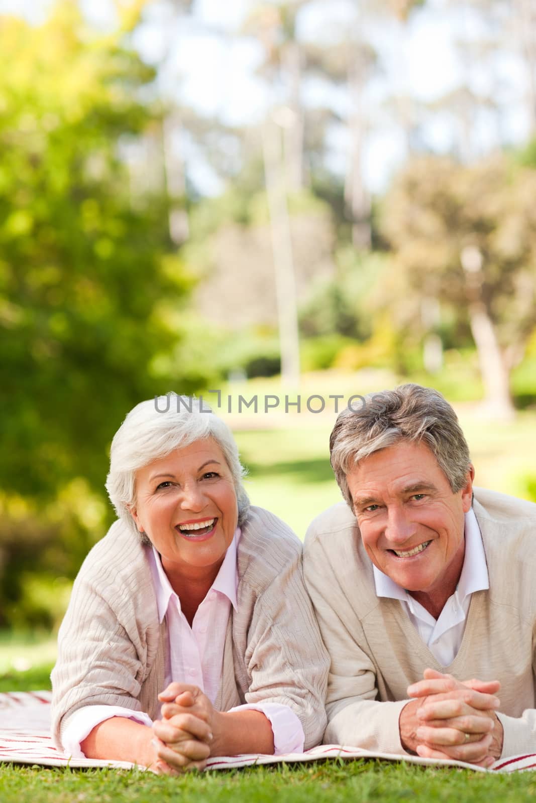 Mature couple lying down in the park by Wavebreakmedia