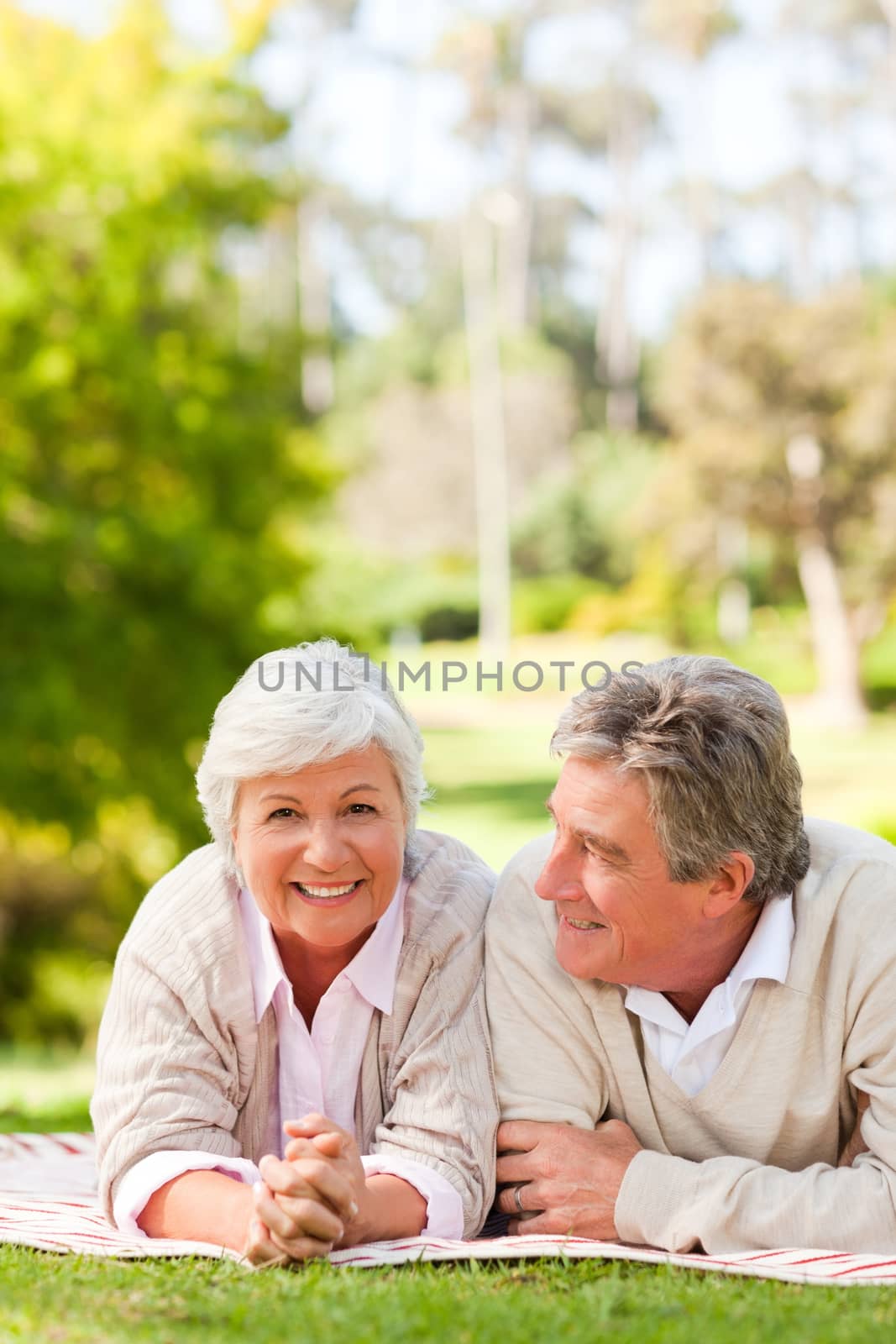 Mature couple lying down in the park during the summer