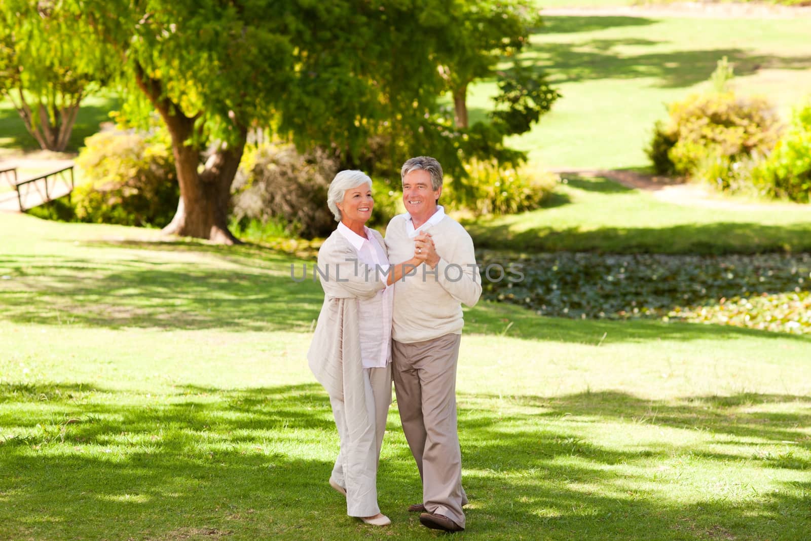 Mature couple dancing in the park during the summer