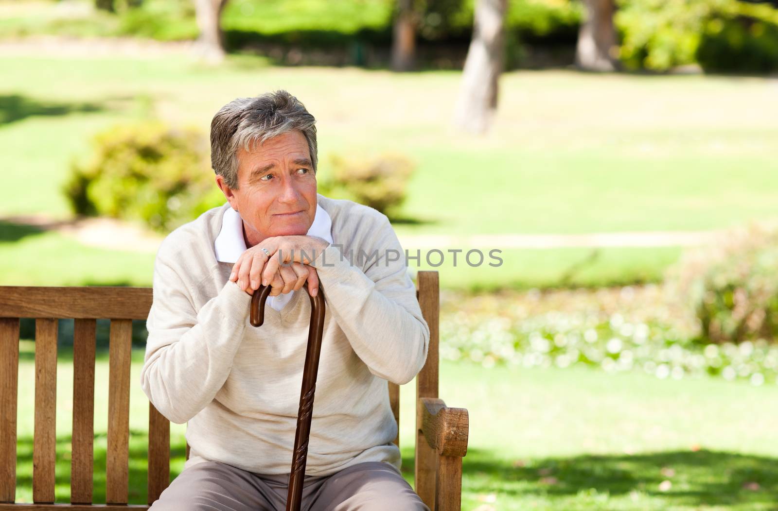 Elderly man with his walking stick during the summer