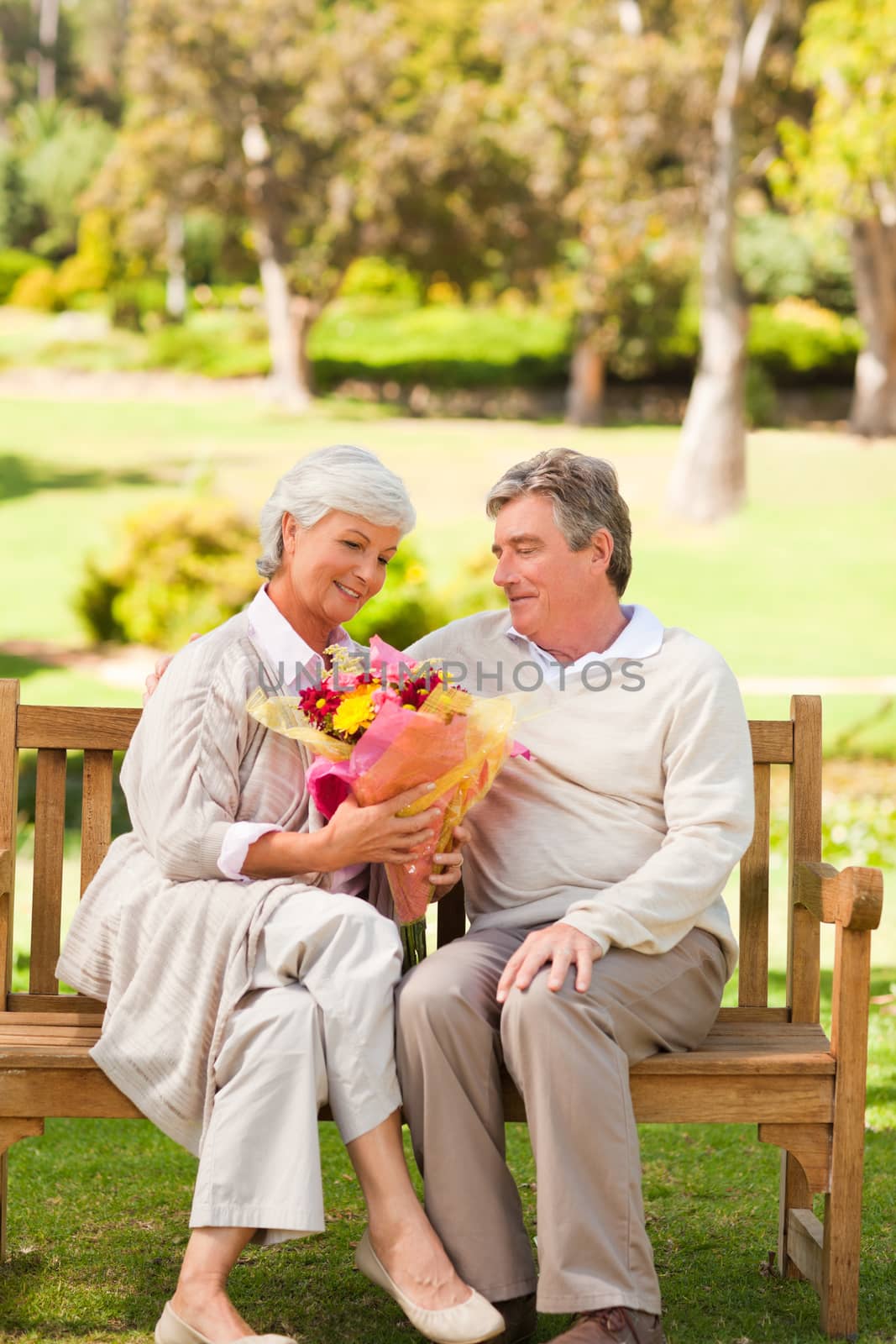 Senior man offering flowers to his wife during the summer