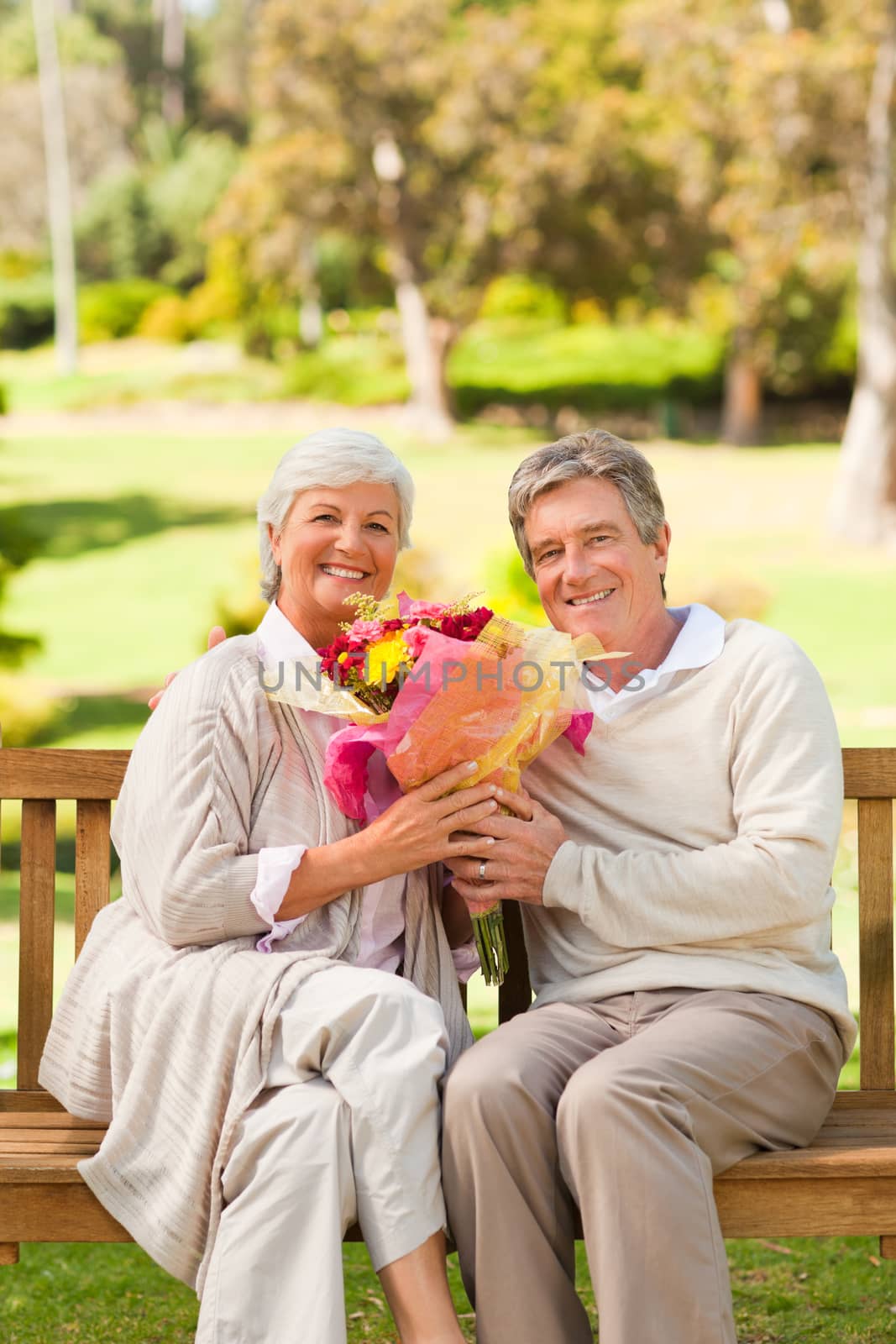 Senior man offering flowers to his wife by Wavebreakmedia