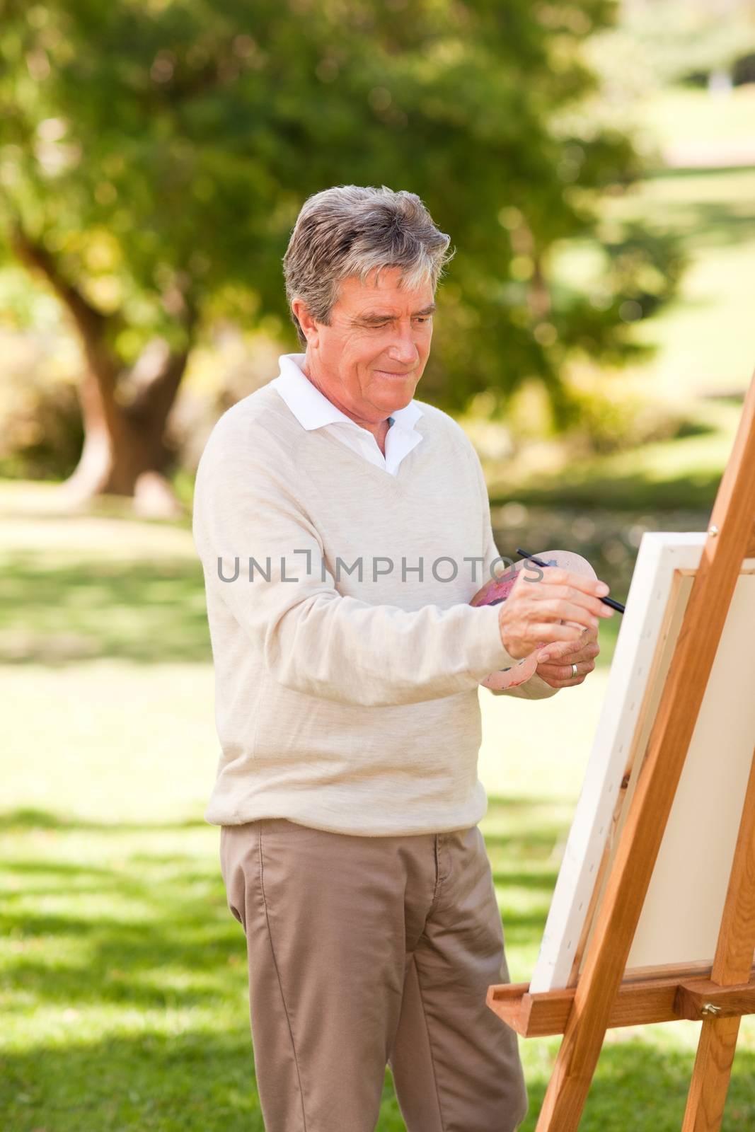 Elderly man painting in the park during the summer