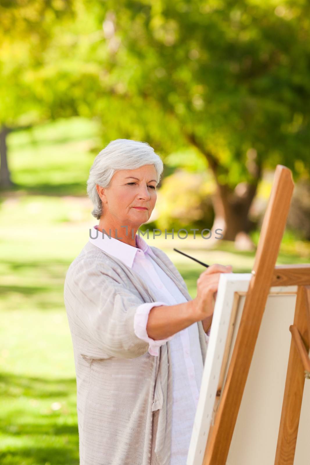 Mature woman painting in the park during the summer
