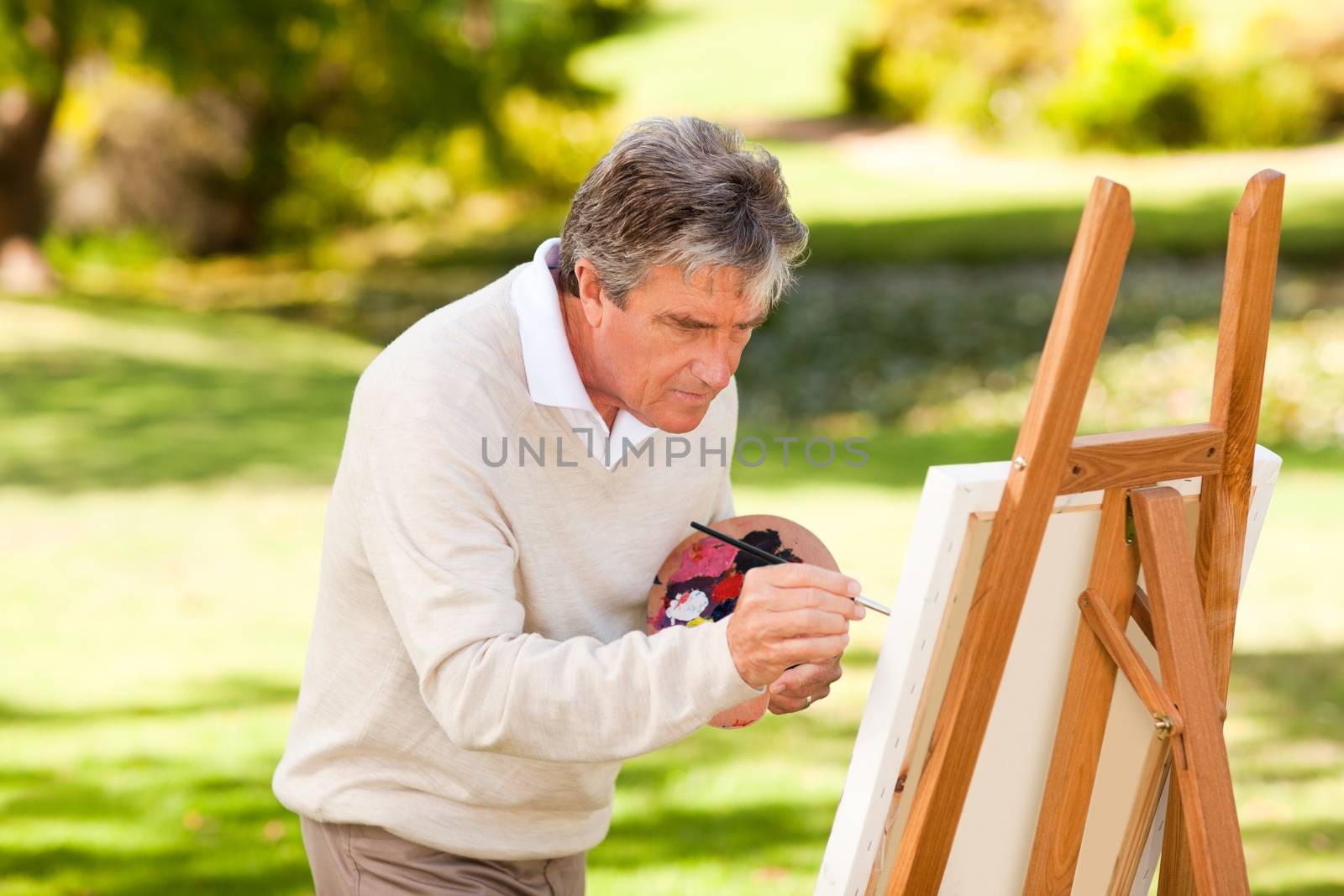 Elderly man painting in the park during the summer