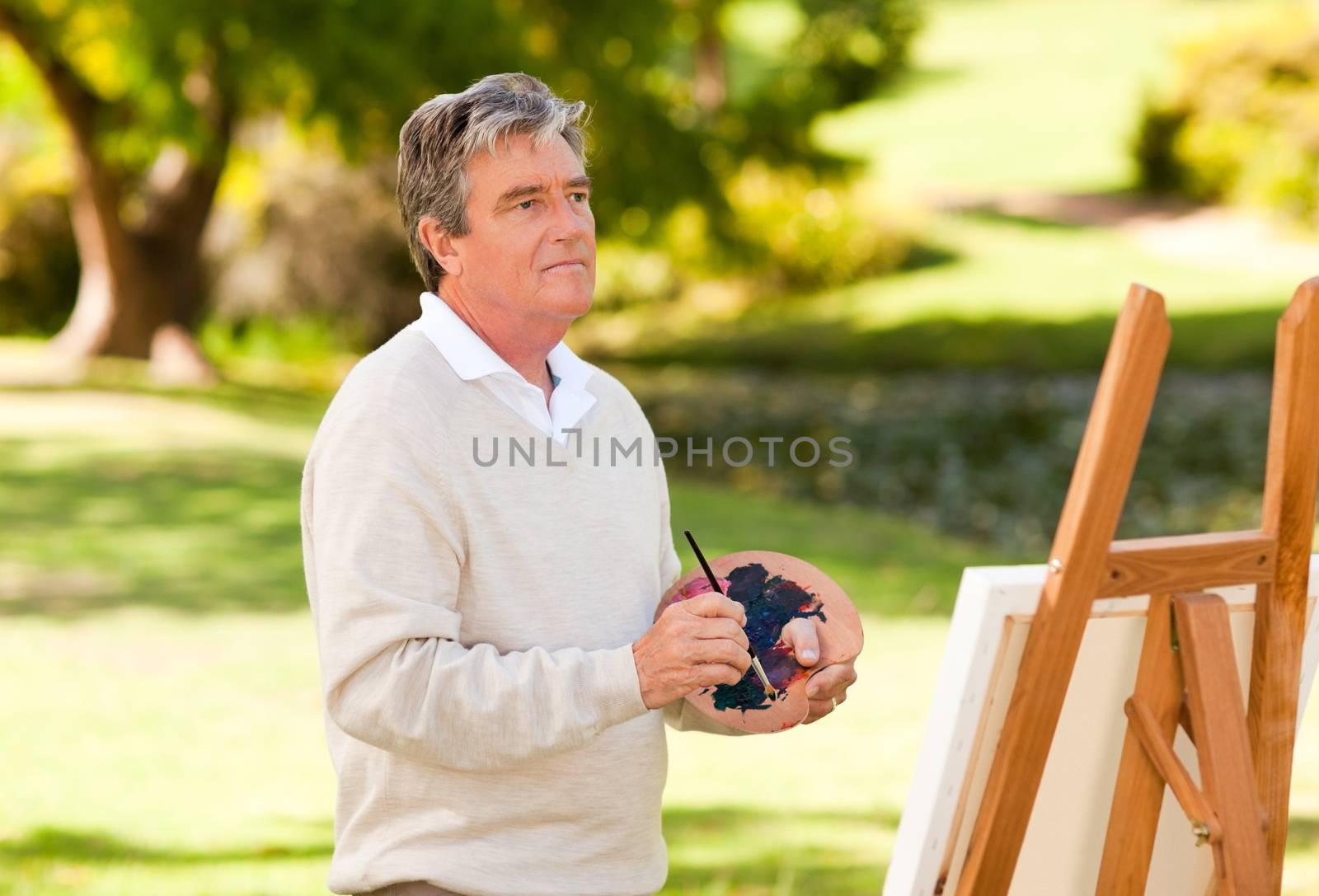 Elderly man painting in the park during the summer