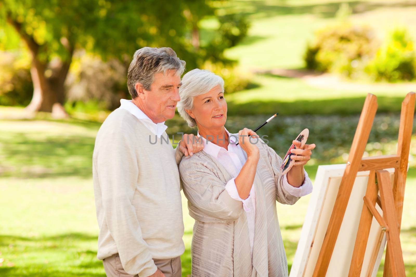 Retired couple painting in the park during the summer