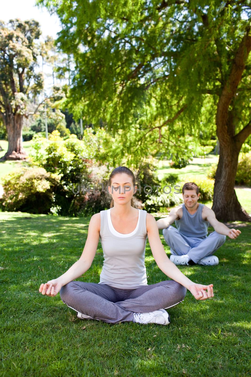 Couple practicing yoga in the park by Wavebreakmedia