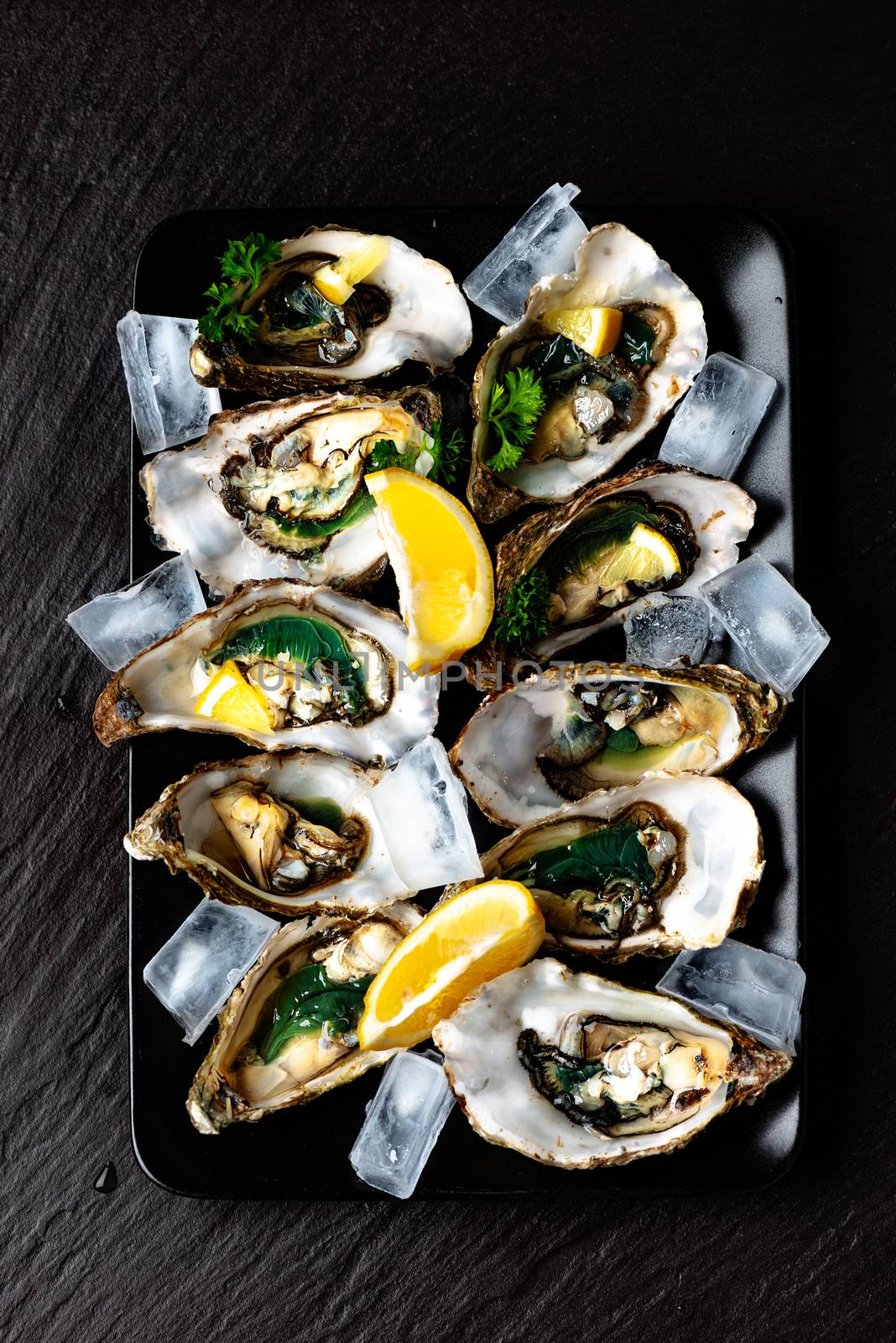 Raw opened oysters on plate with ice, lemon and parsley