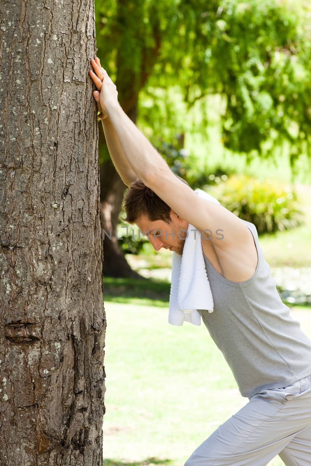 Man doing his stretches in the park during the summer