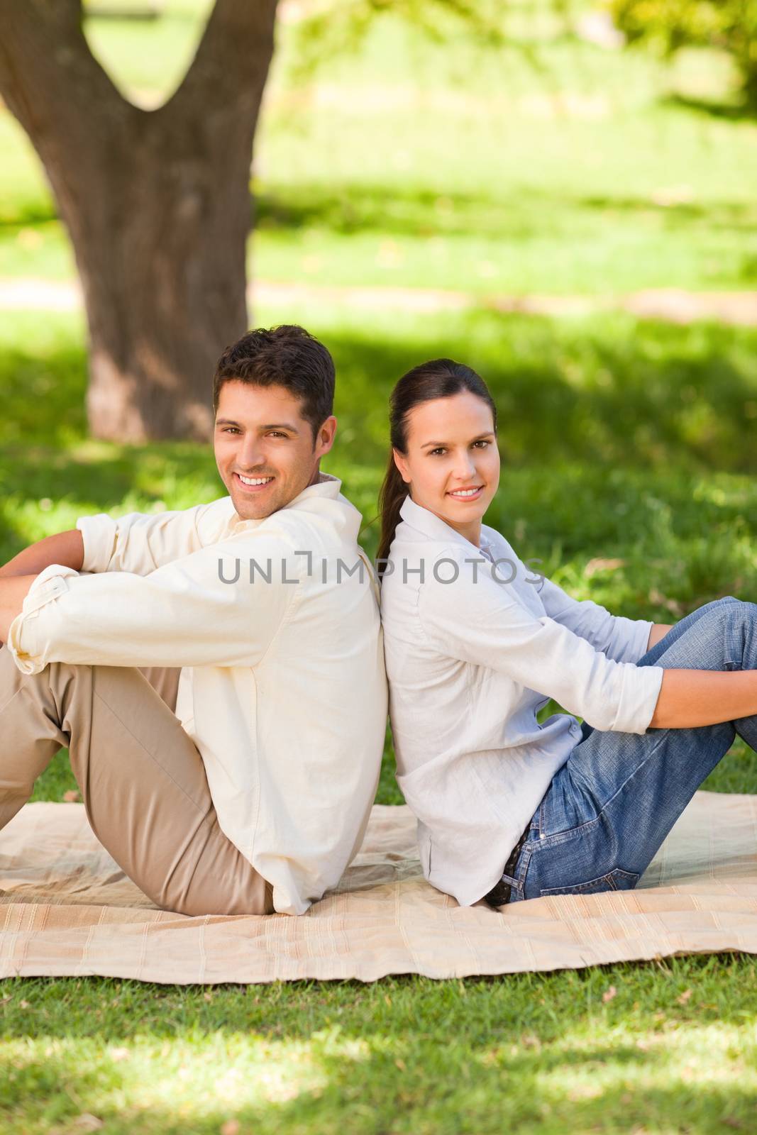 Couple sitting back-to-back in the park during the summer