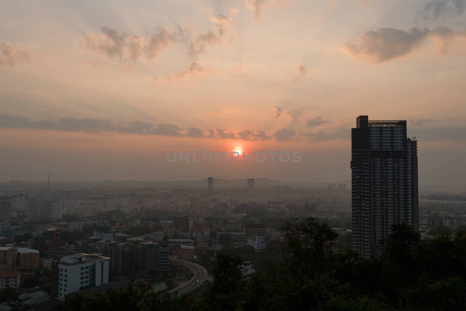 Building and skyscrapers while sunrise at Pattaya of Thailand