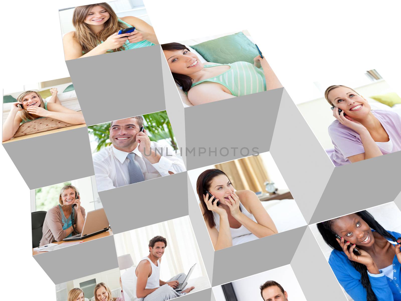 Collage of happy people talking on phones