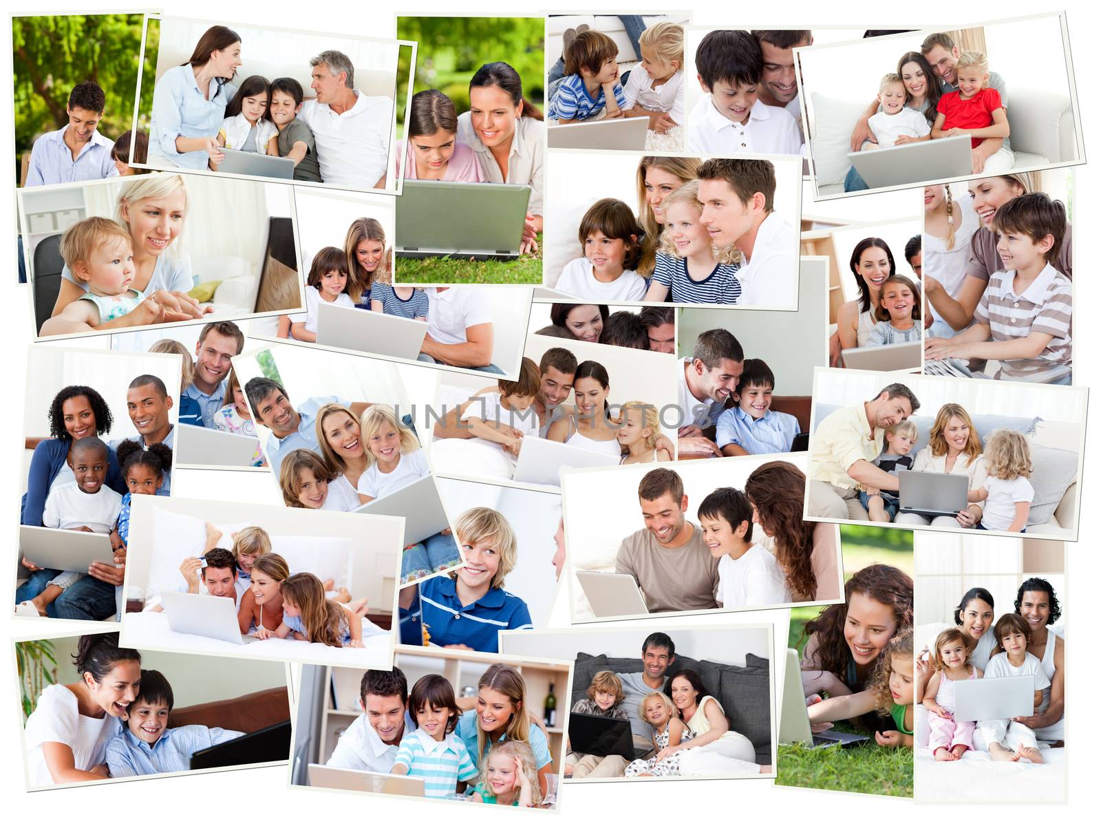 Collage of families surfing on their laptop at home and outdoors