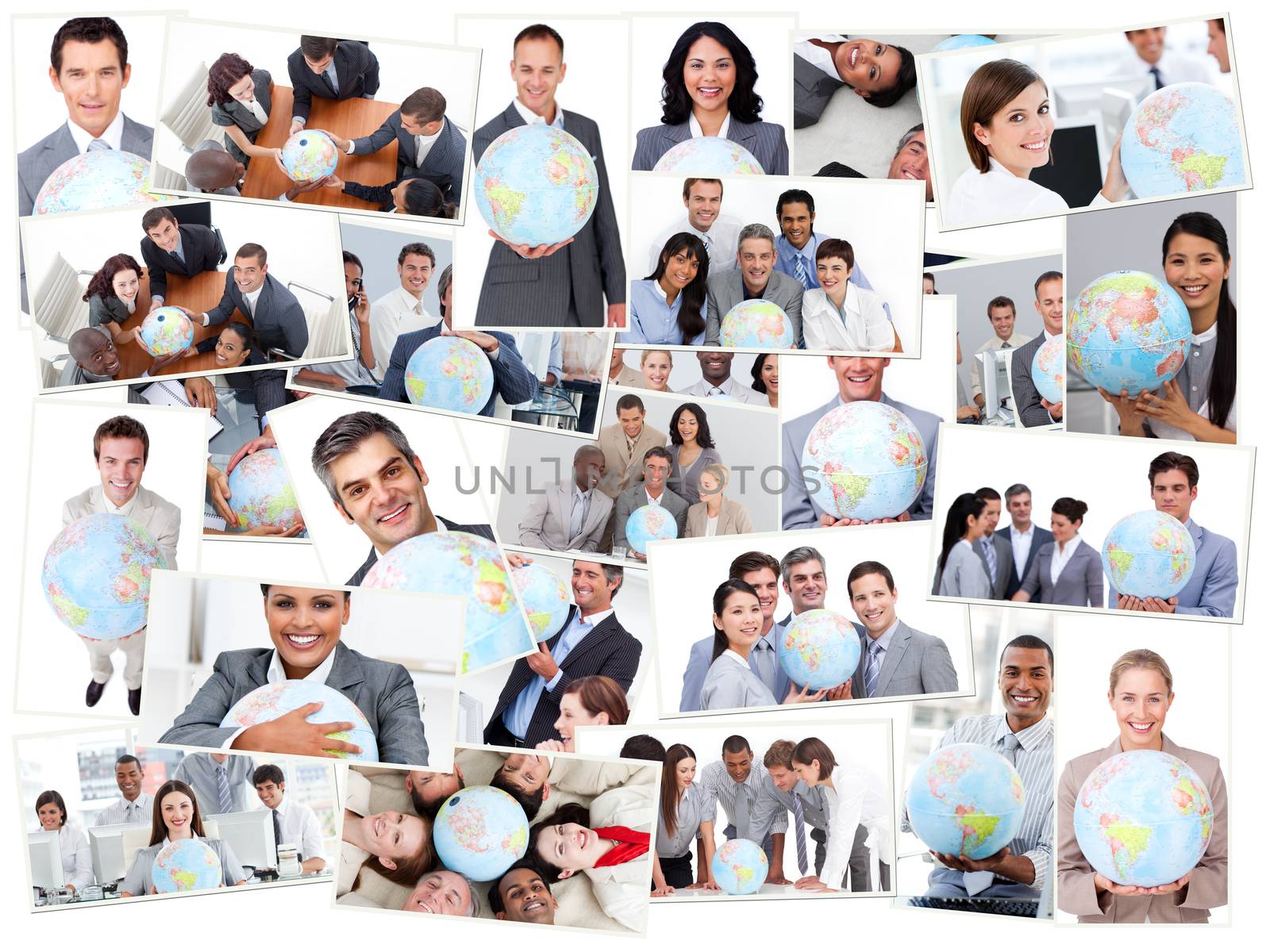 Collage of business people holding globes