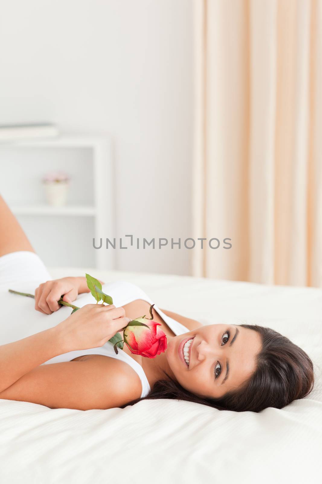 charming woman with rose lying on bed looking into camera by Wavebreakmedia
