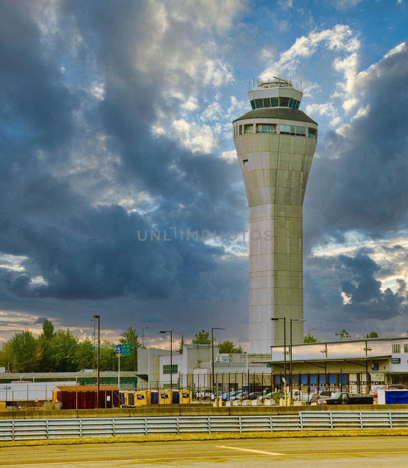 The control tower at a busy commercial airport
