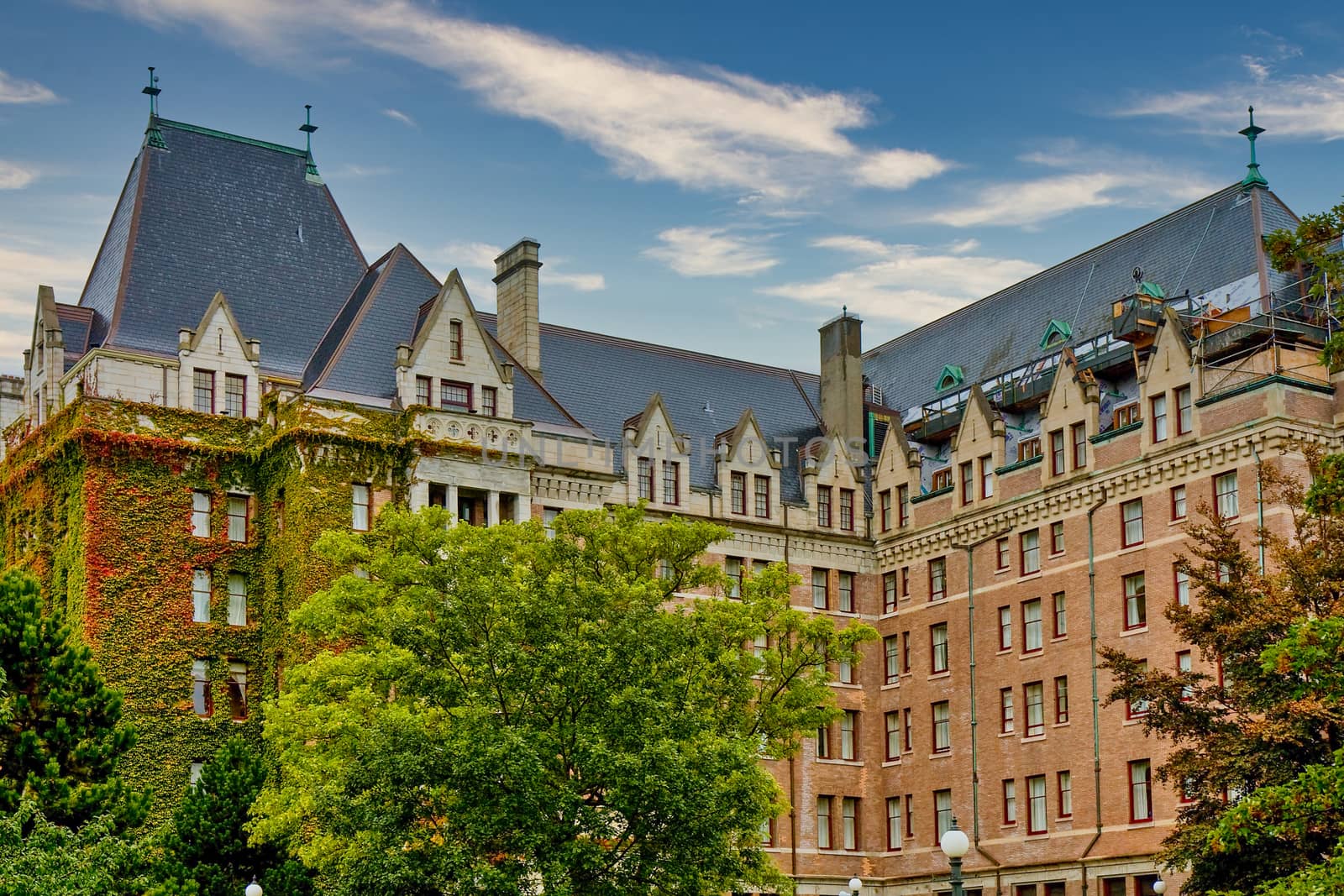 A grand old ivy covered brick hotel