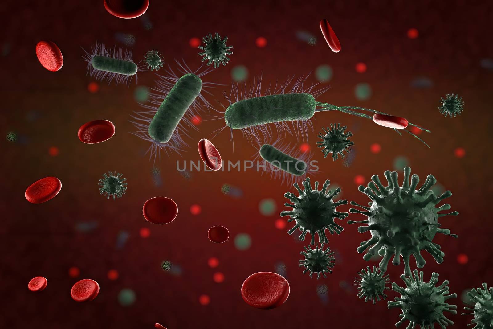 3d illustration, close up of microscopic Virus, Bacteria and Red blood cells
