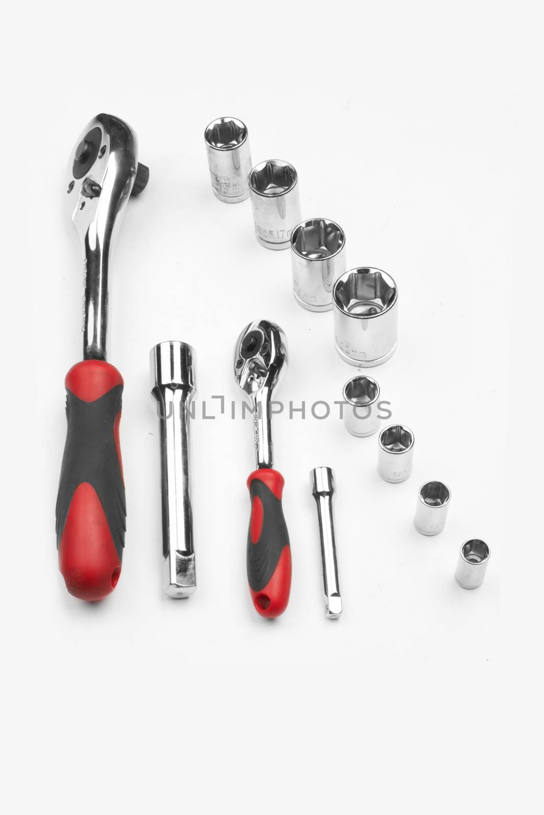 kit of metallic tools on white background    