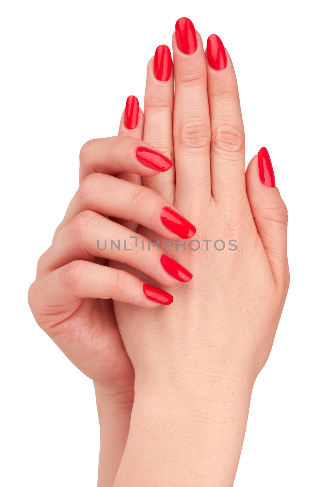 Hand with nail red manicure isolated on white background