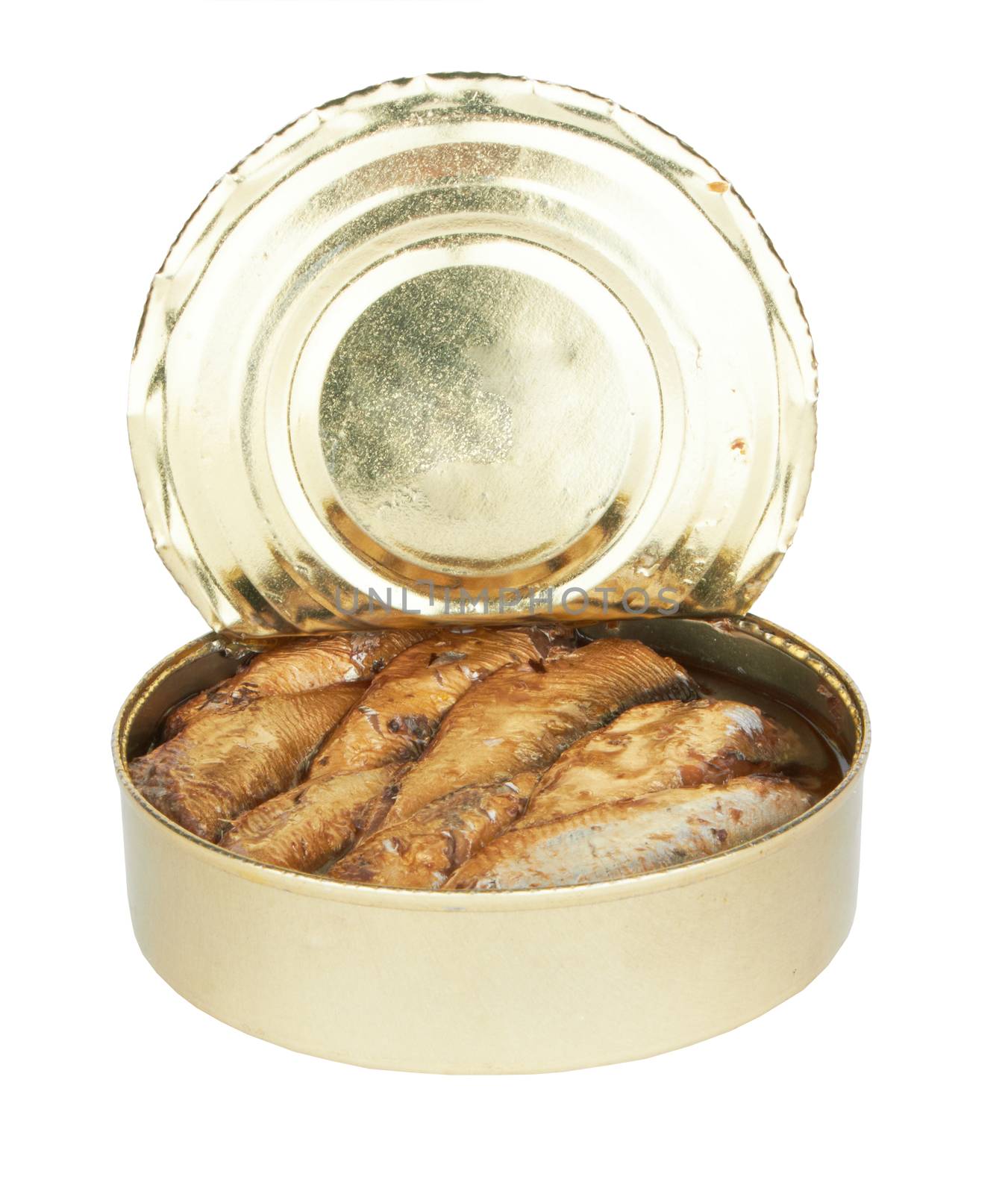 semi open a tin of sprats is isolated on a white background 