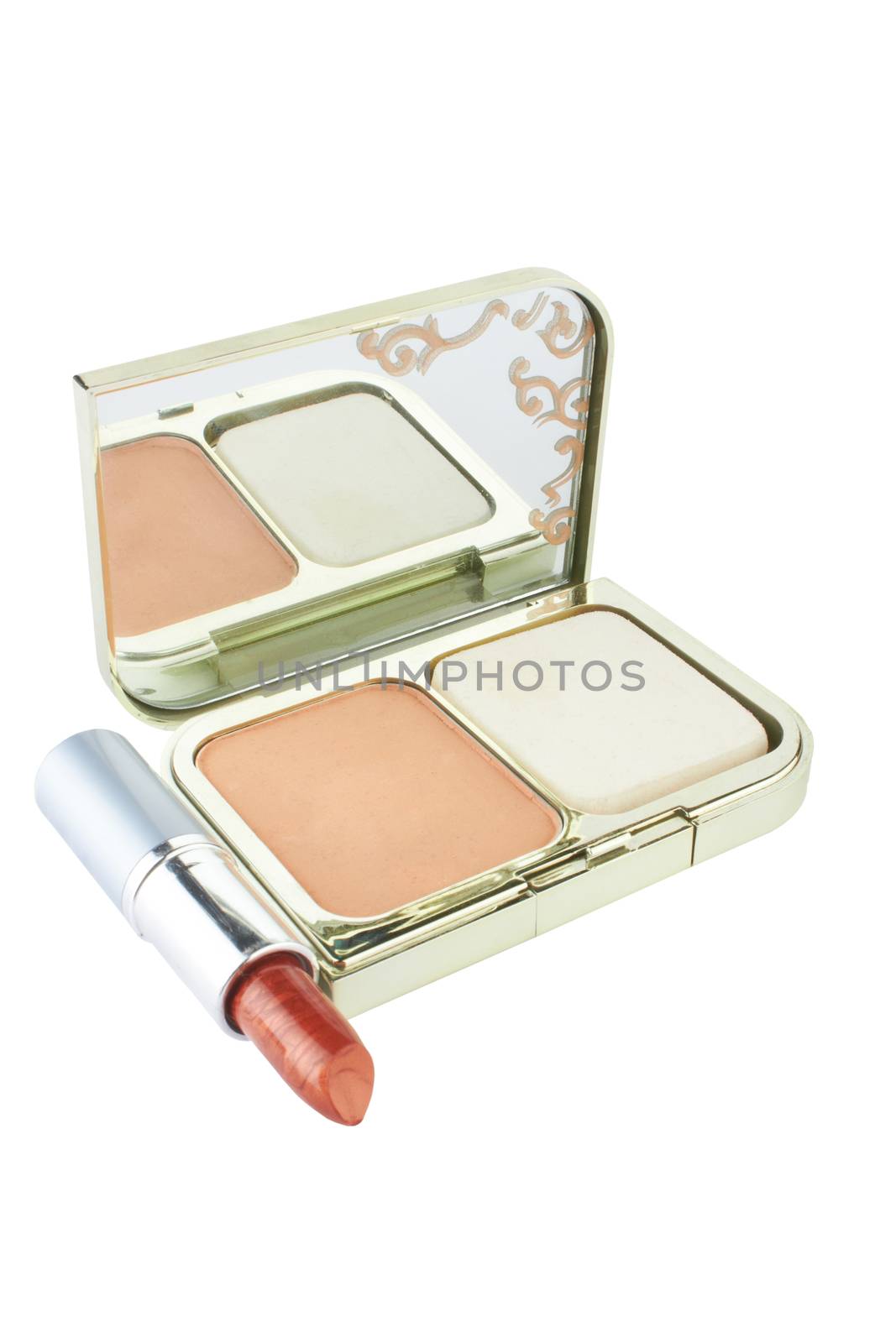 Red lipstick and face powder  isolated on white. 