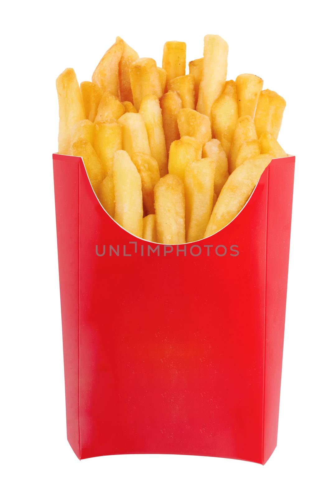 French fries in a red carton box isolated on white 