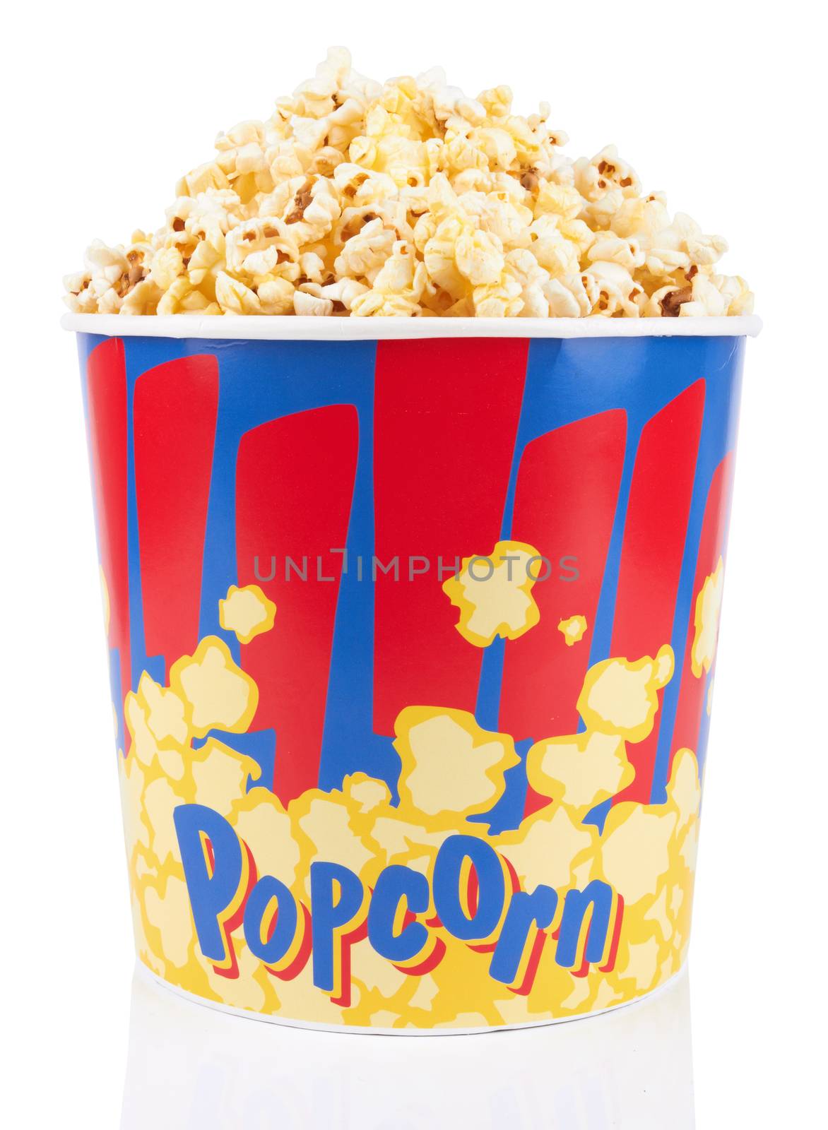 Full bucket of popcorn. Isolated on white background