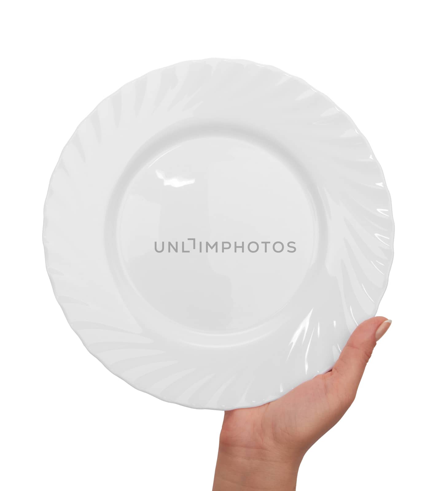 white kitchen plate with hand on white background 