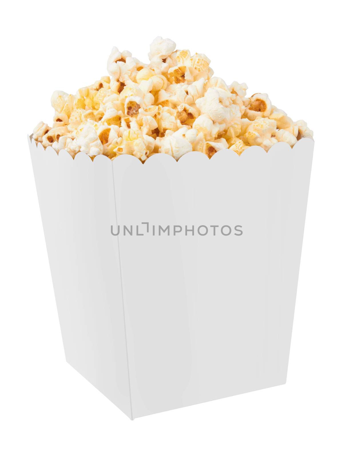 Full bucket of popcorn. Isolated on white 