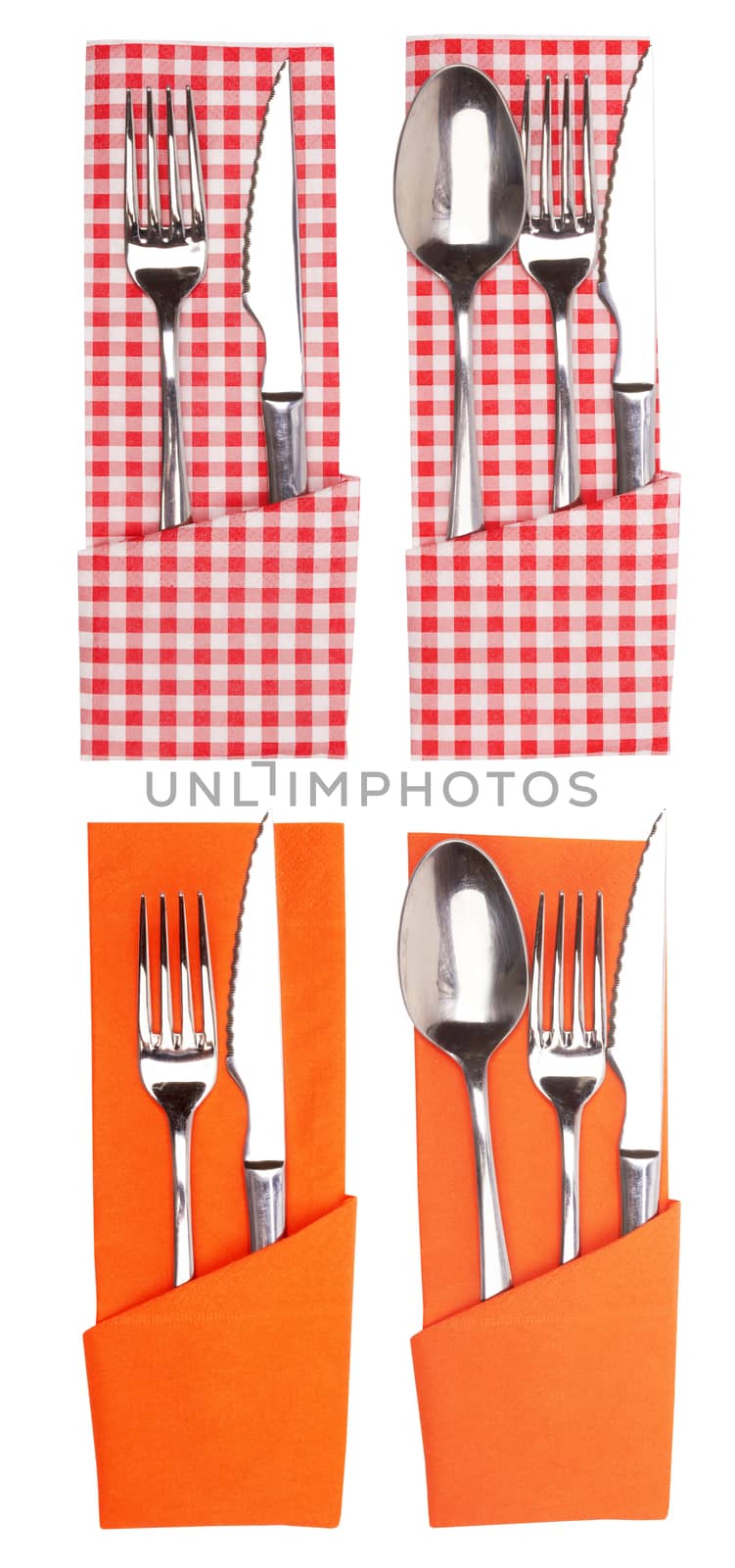 knife and fork on a napkin isolated on a white 