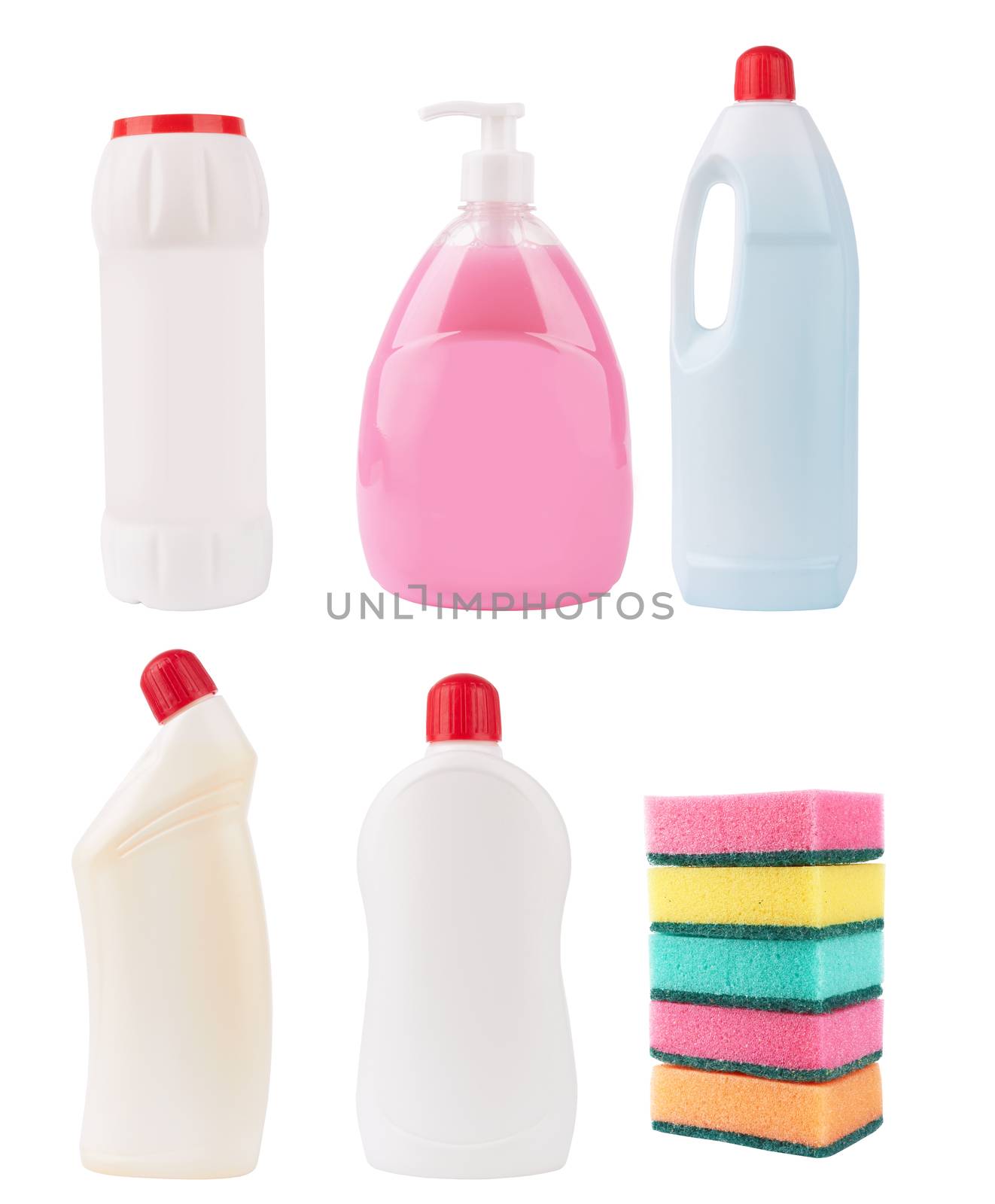 Assortment of means for cleaning isolated on white 