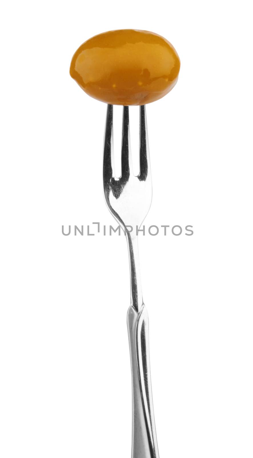 Olive on a fork isolated on a white 