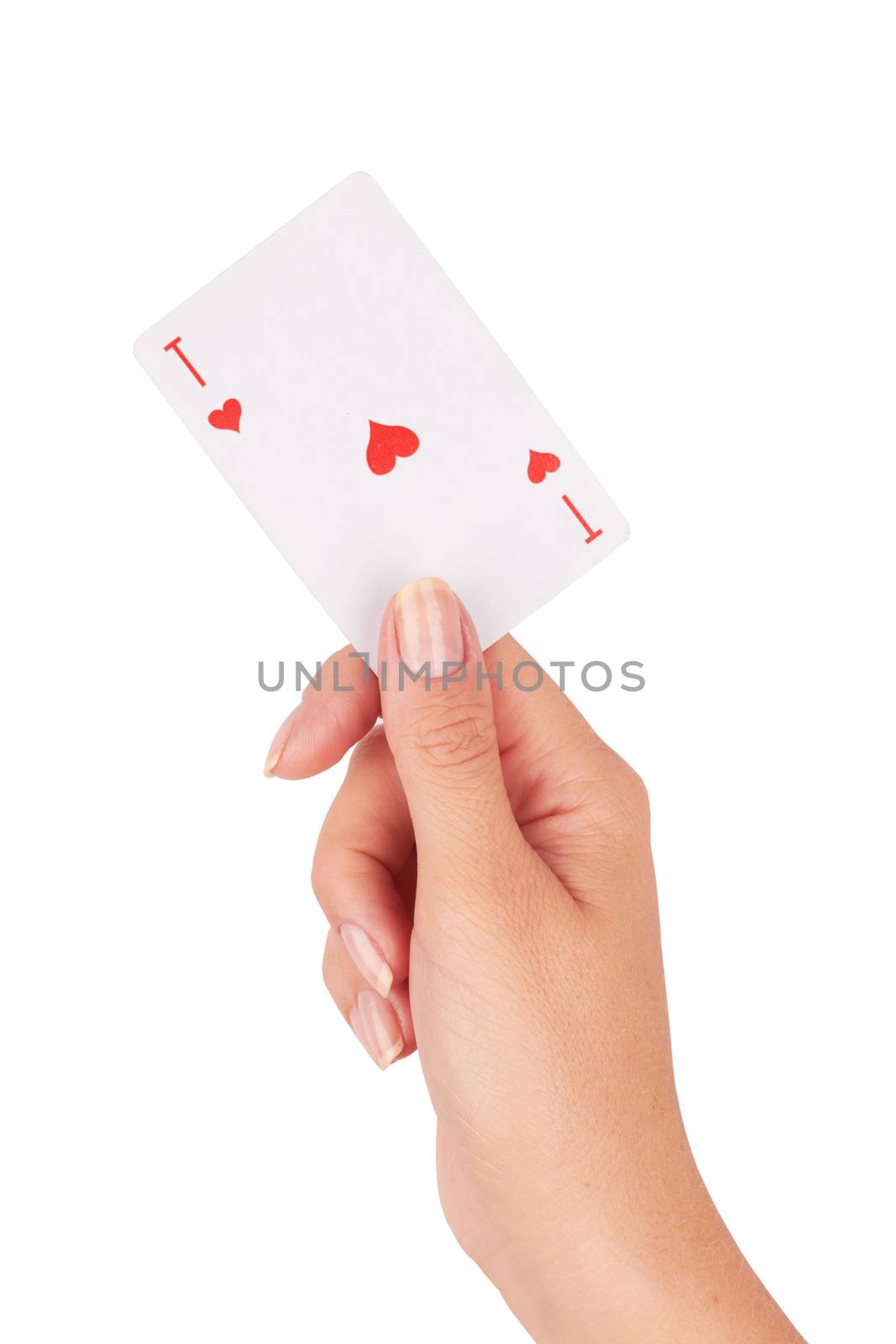 Ace of hearts in hand on a white 