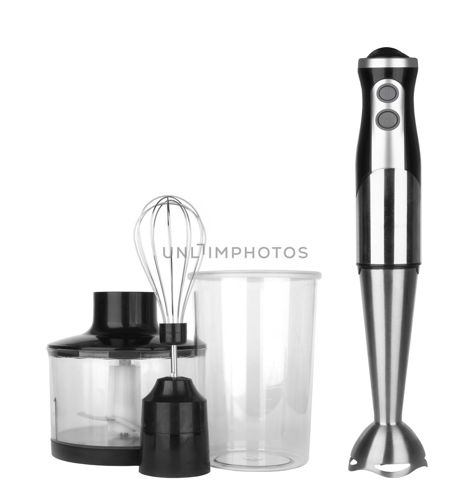 Electrical hand mixer and dishware isolated on a white 