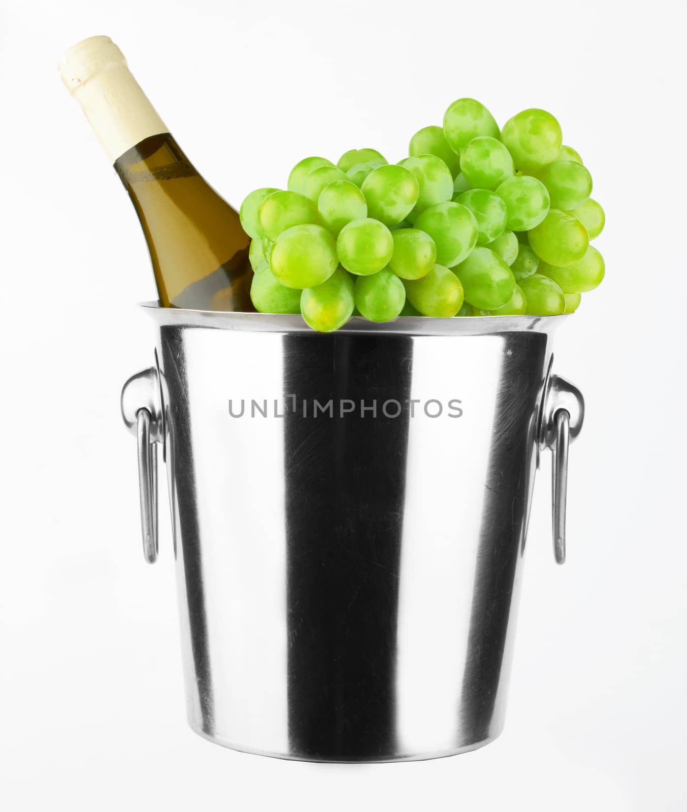 White wine bottle in cold ice bucket on white 