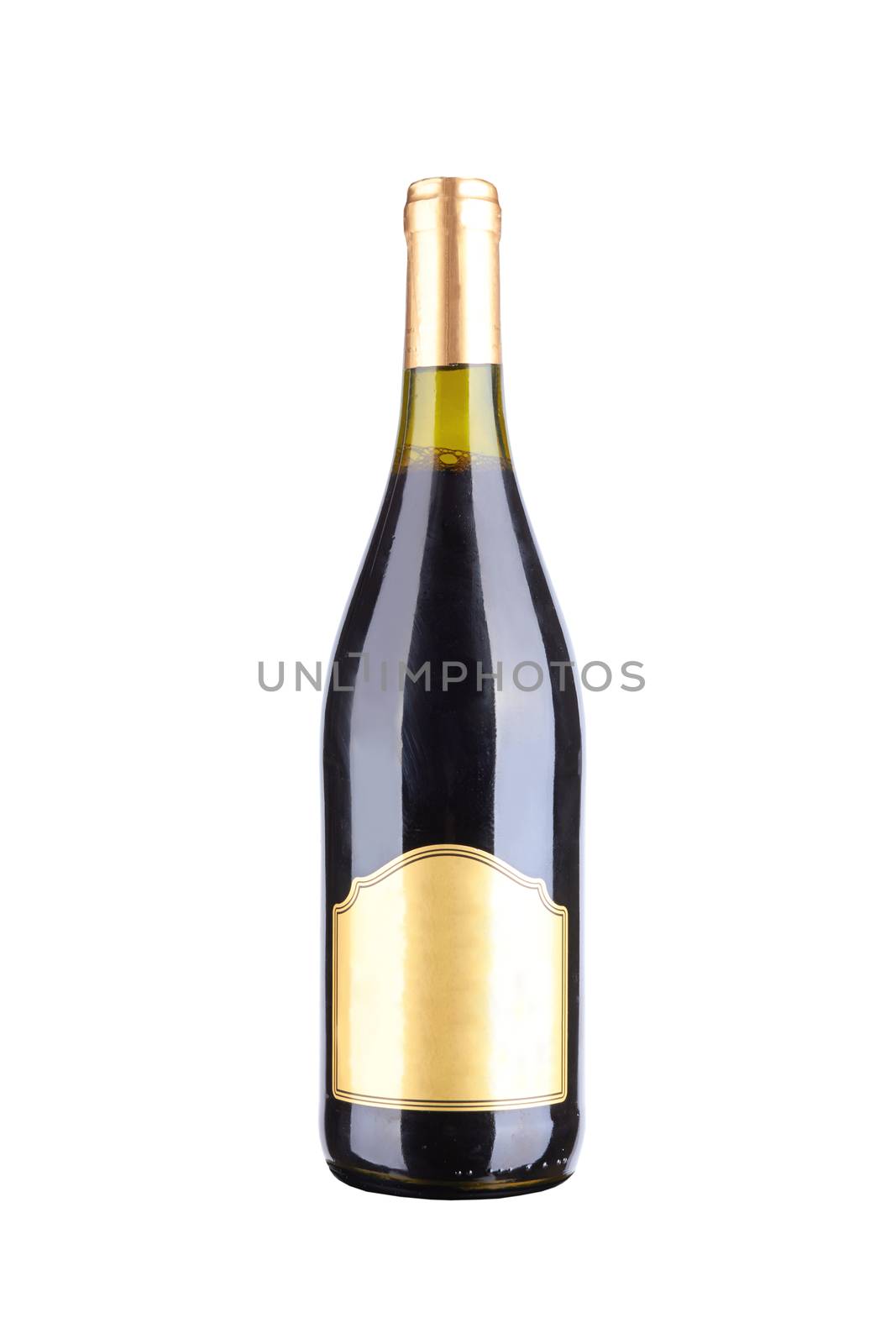 Full bottle of red wine with blank label isolated on white 