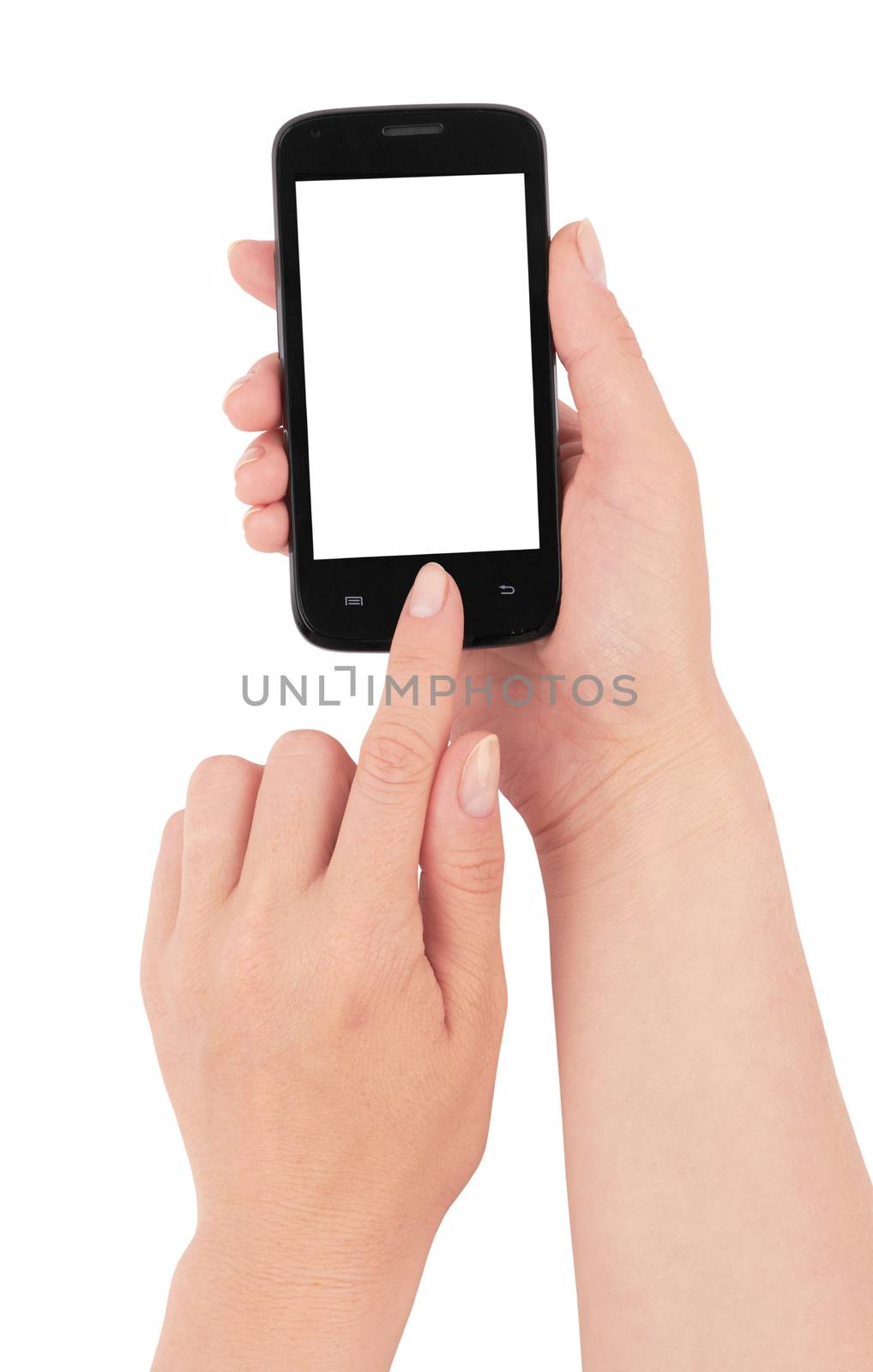 Touch screen mobile phone in hand isolated on white background