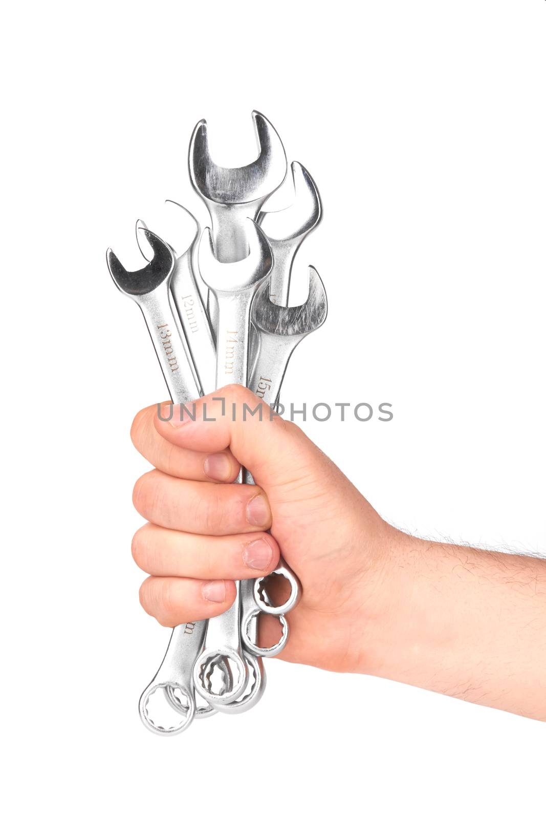 Hand with tools completely isolated on white background 