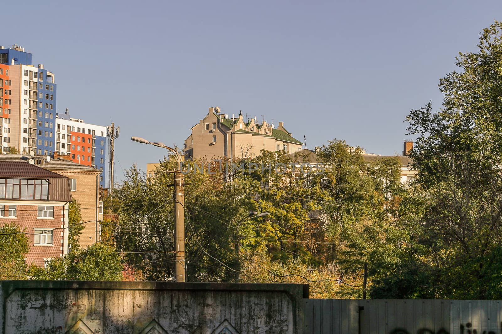 Dnipro city, Ukraine landscape of housing estate with power line in front