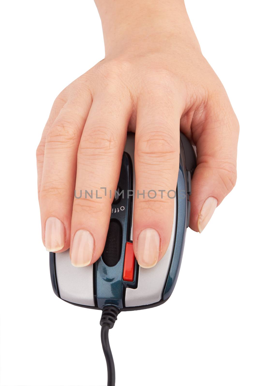 computer mouse and hand close up on a white