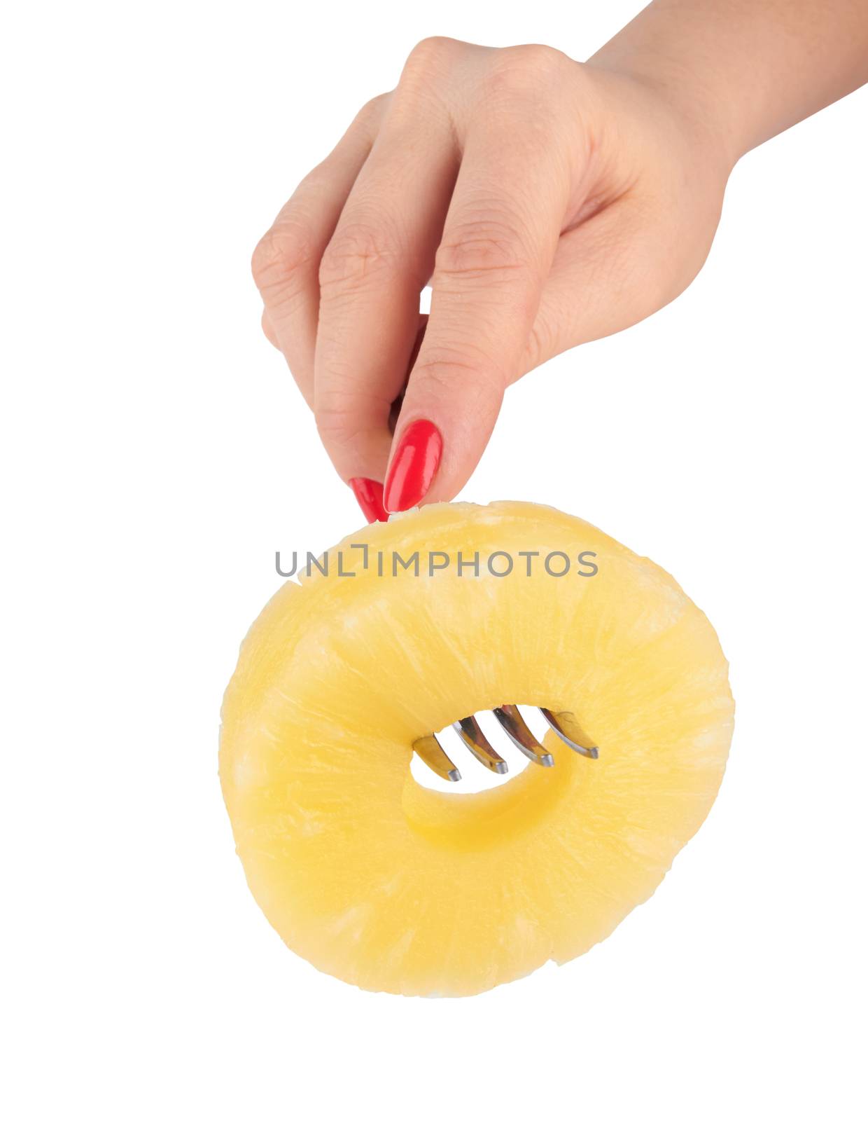 slice of pineapple on a fork isolated on white background 