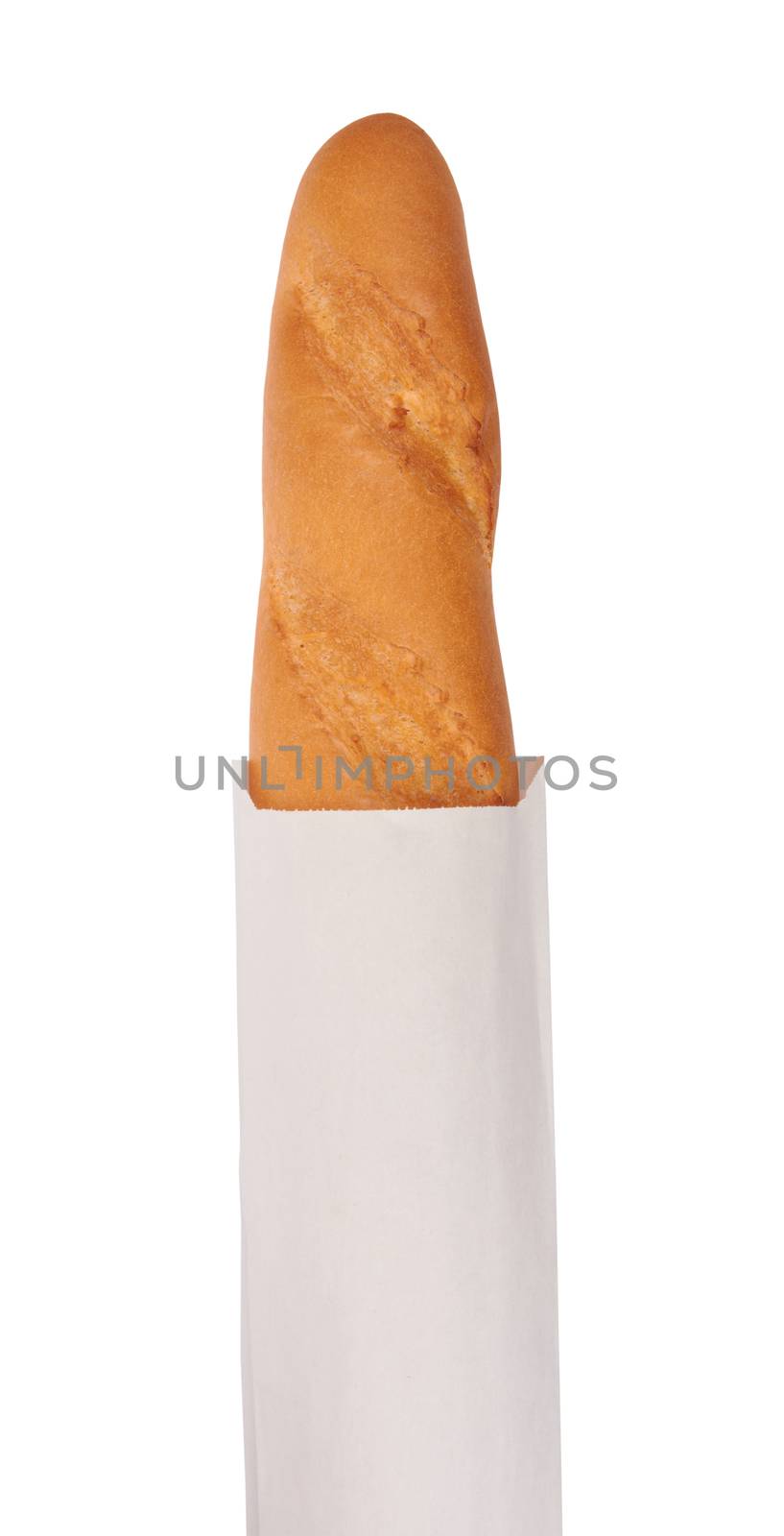 long loaf in paper bag, isolated on white background 