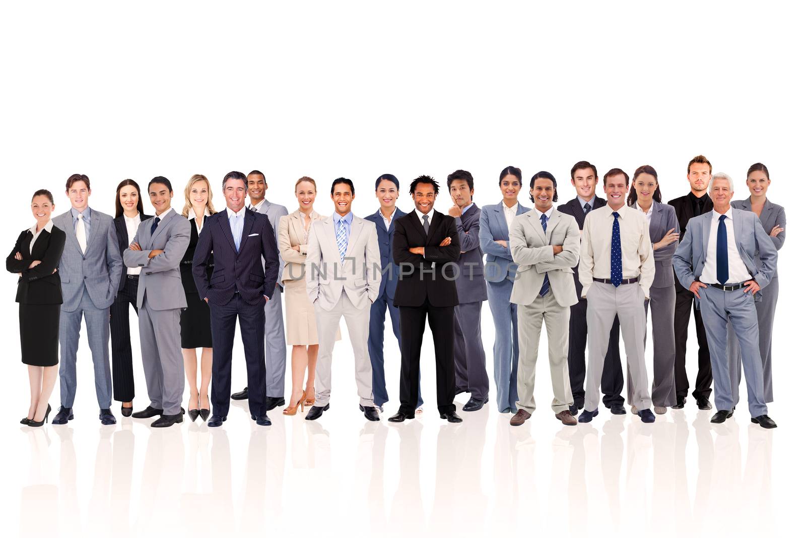 Business people standing up against a white background