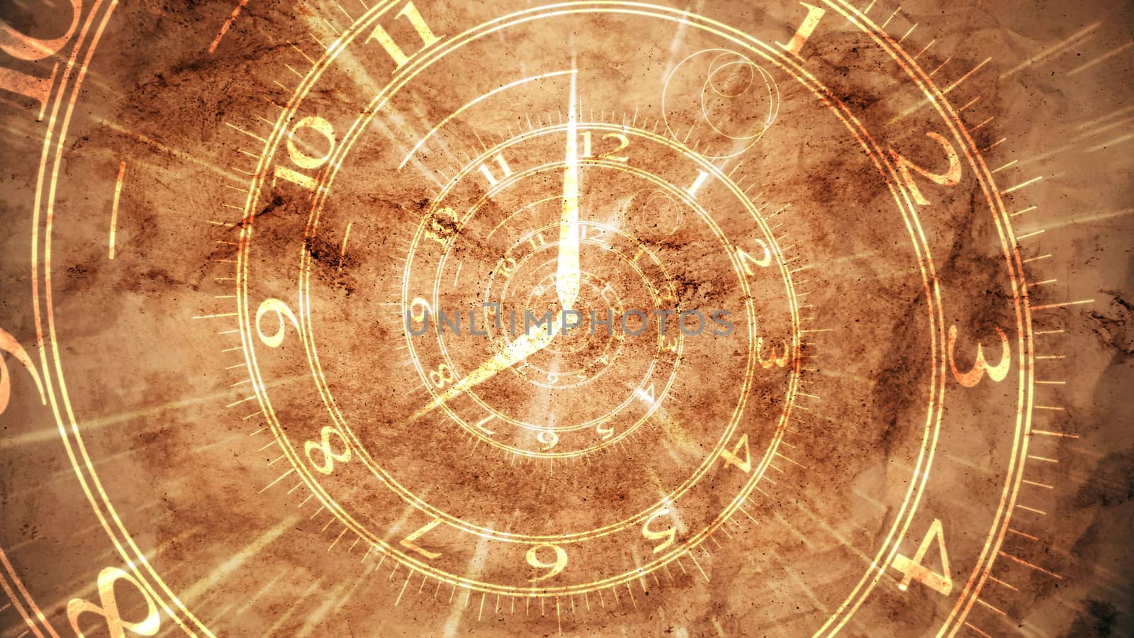 Impressive 3d illustration of old spiral clock with golden Arabic numbers written on a light brown pergament. It reminds about life events moving along a spiral.